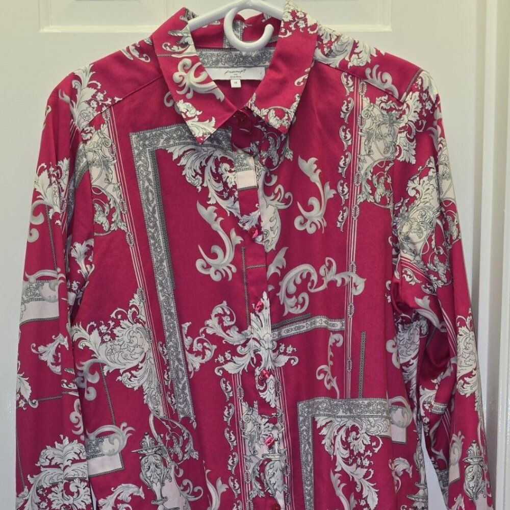 Foxcroft long sleeve blouse, pink/gray, size 14